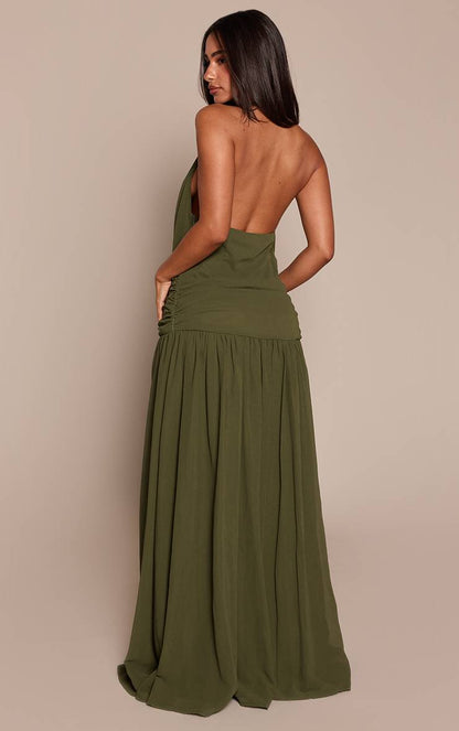 Petite Olive Wrap Waist Ruched Flowy Maxi Dress