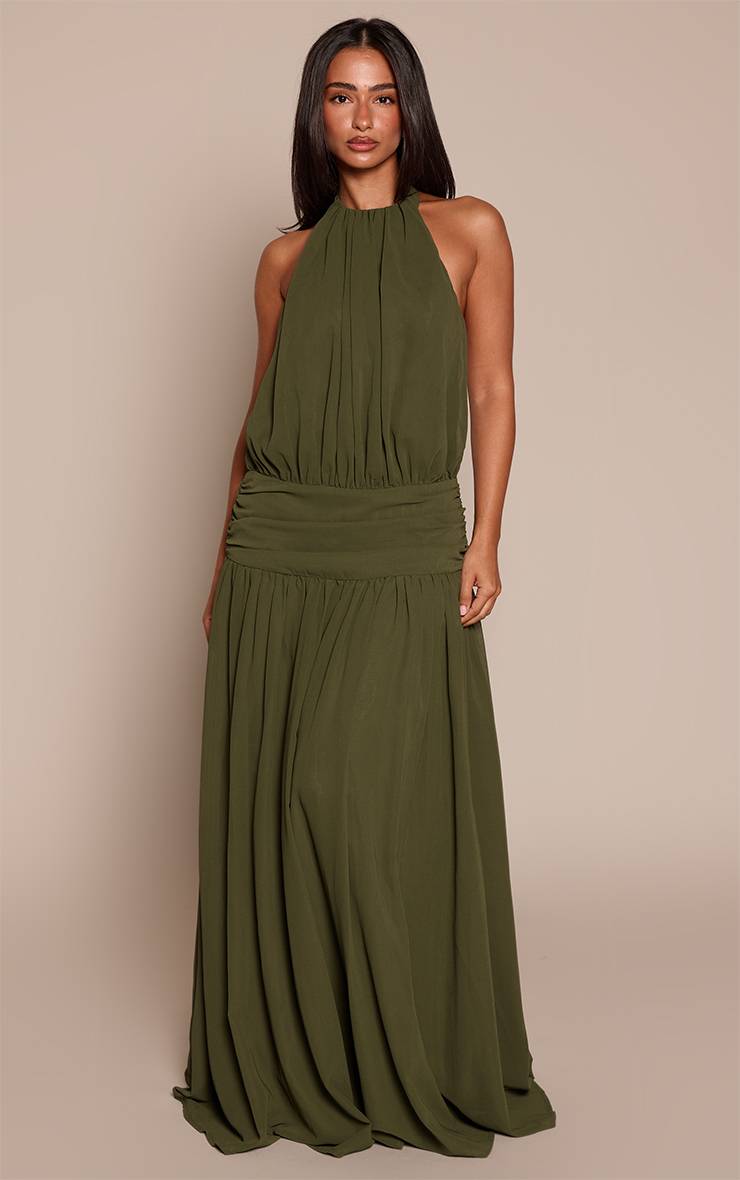 Petite Olive Wrap Waist Ruched Flowy Maxi Dress