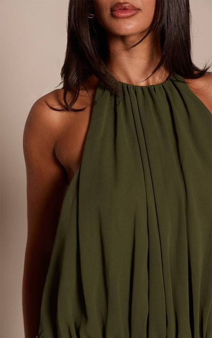 Petite Olive Wrap Waist Ruched Flowy Maxi Dress