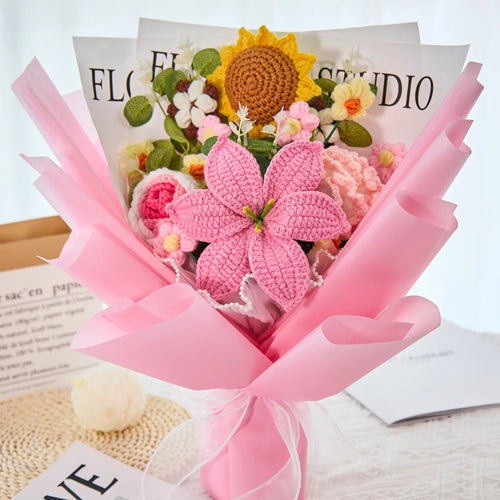 Crochet Lily Sunflower Rose Carnation Bouquet-Pink